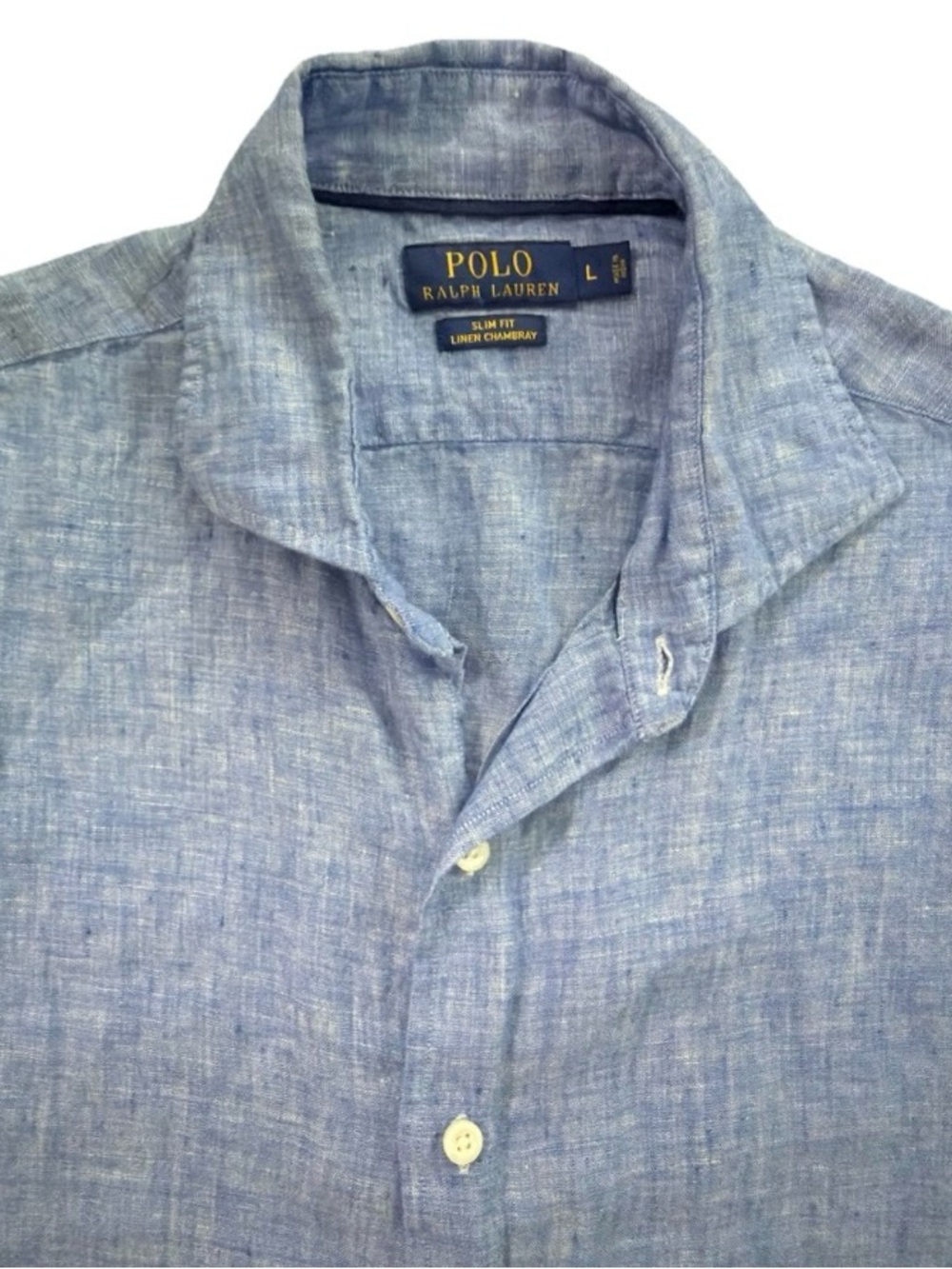 Polo Ralph Lauren Slim Fit Linen Chambray Shirt Blue Size Large Long Sleeve